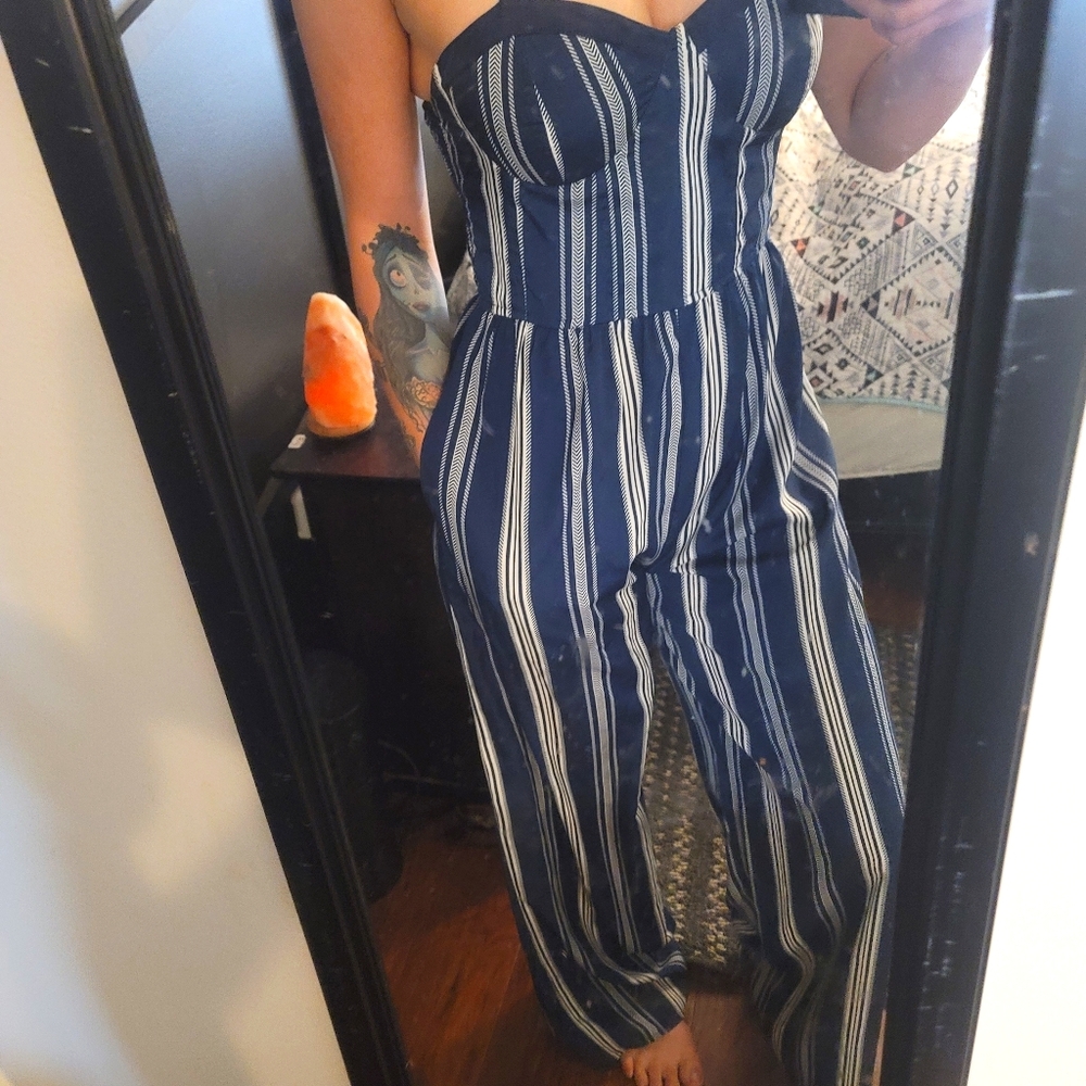 Navy blue and white striped jumpsuit romper